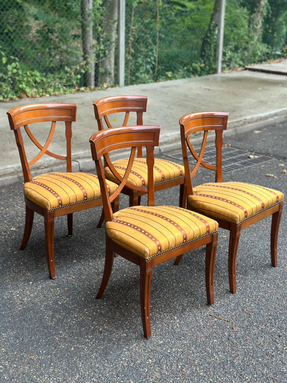 4 Matignon chairs by René Trotel in solid cherry wood and yellow fabric from the 1960s.