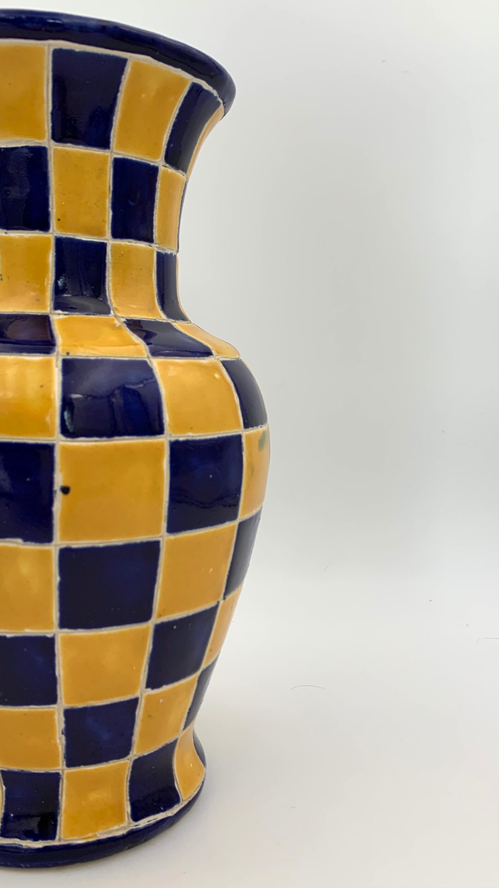 Vintage ceramic vase, blue and yellow checkerboards - 1950s-1960s