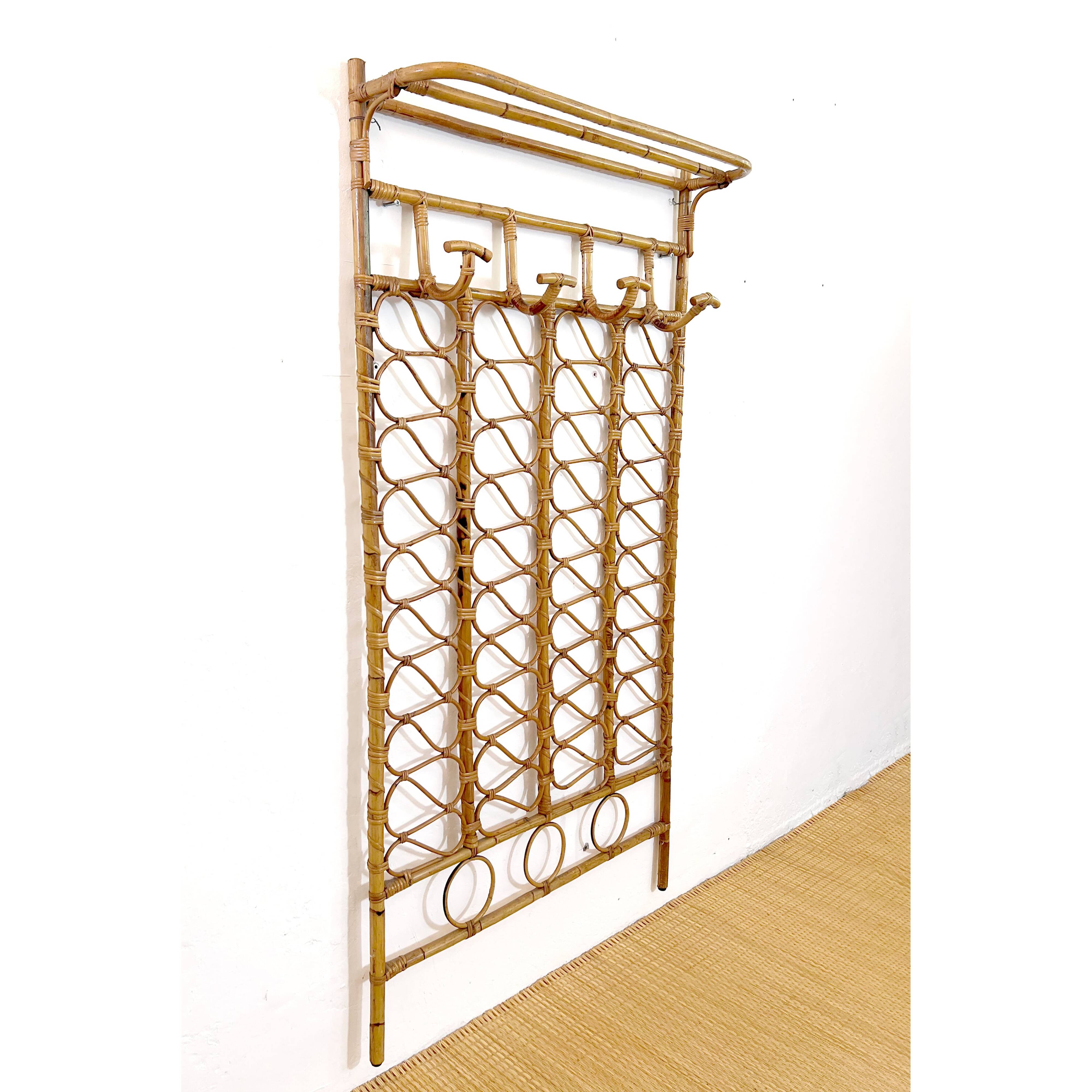 Large rattan wall coat rack, Italy, 1960s.