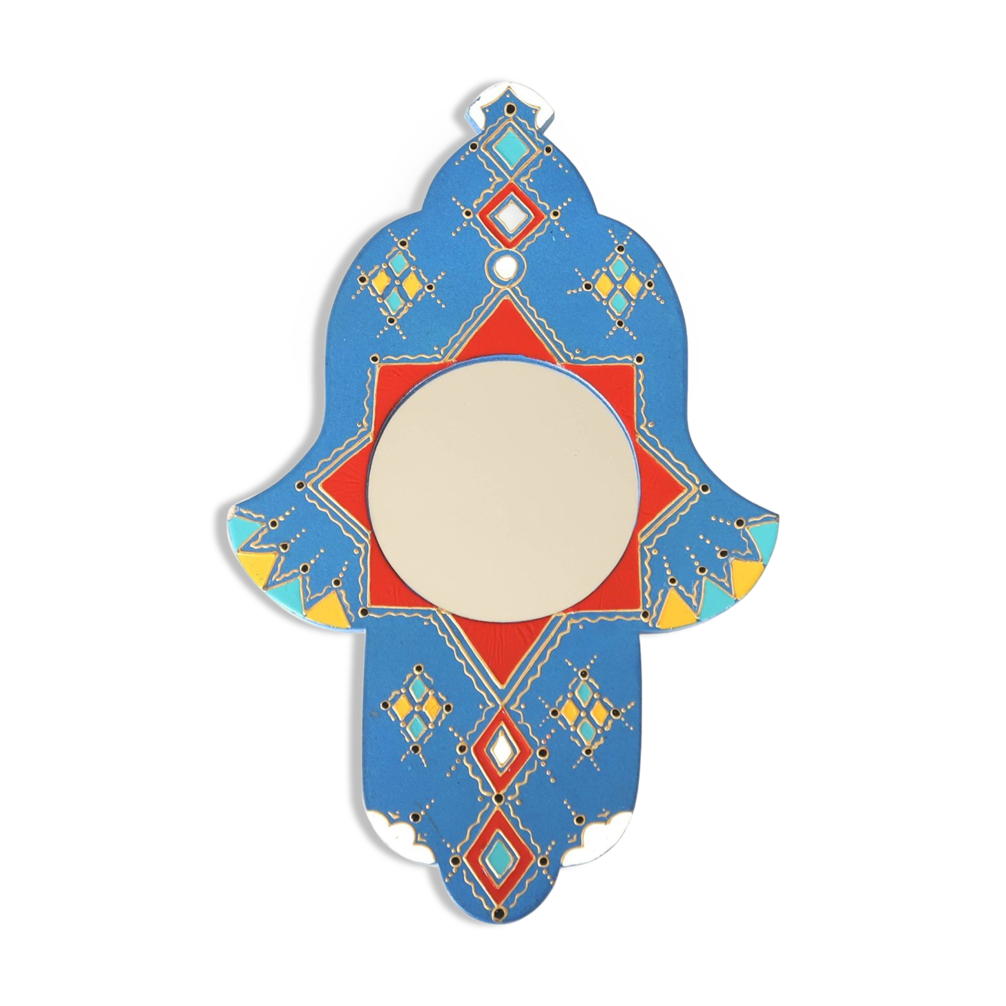 Moroccan painted wooden mirror in the shape of a hand, 1970s