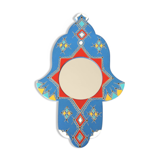 Moroccan painted wooden mirror in the shape of a hand, 1970s