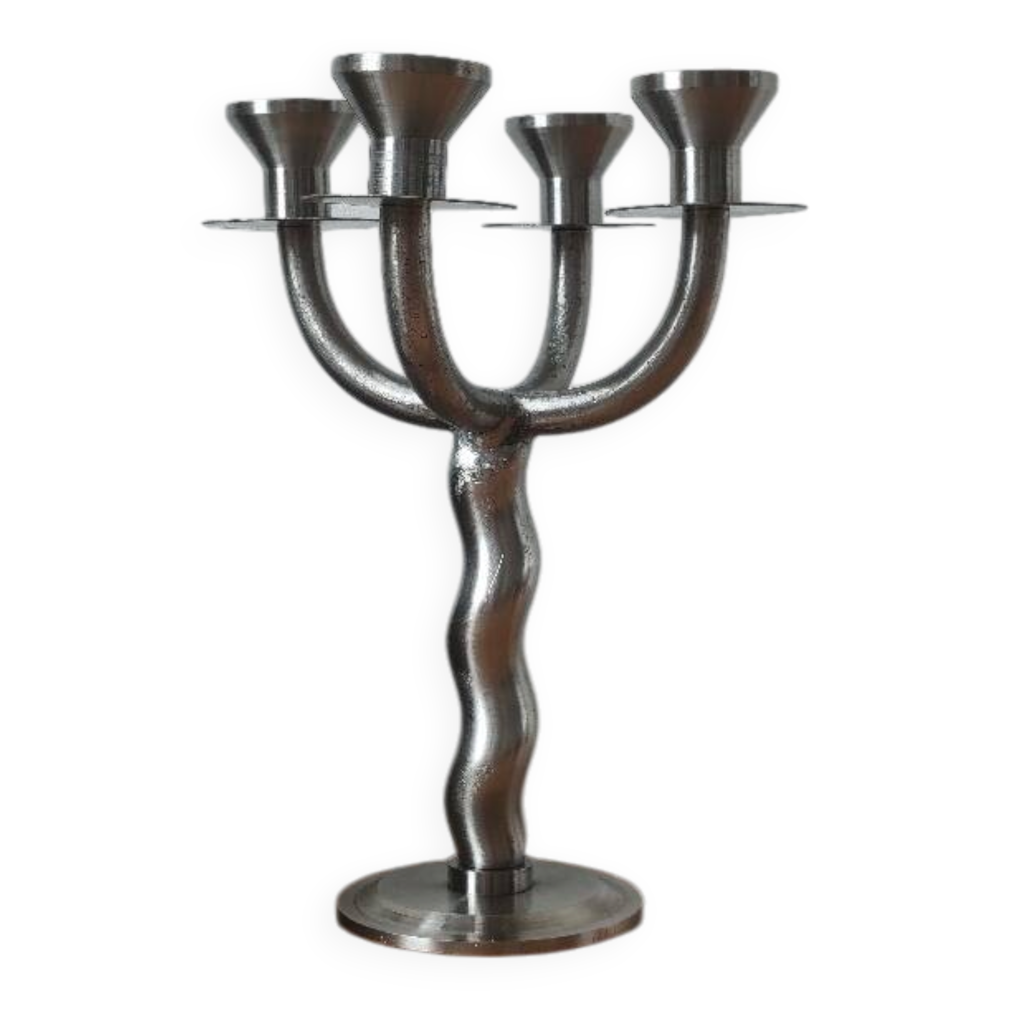 Vintage brutalist chandelier with 4 lights in brushed metal.