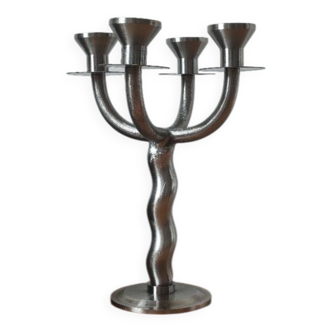 Brutalist vintage chandelier with 4 lights in brushed metal.