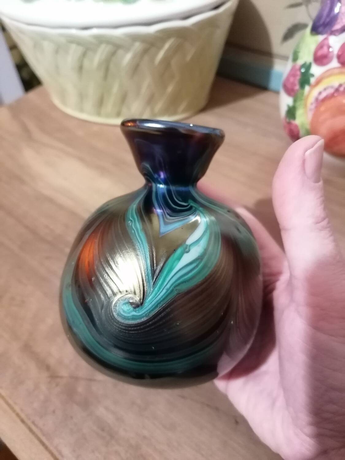 Iridescent marbled vase in the style of Loetz.