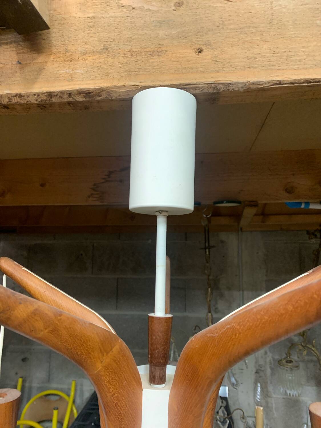 Teak and opaline Rispal chandelier, circa 1960.