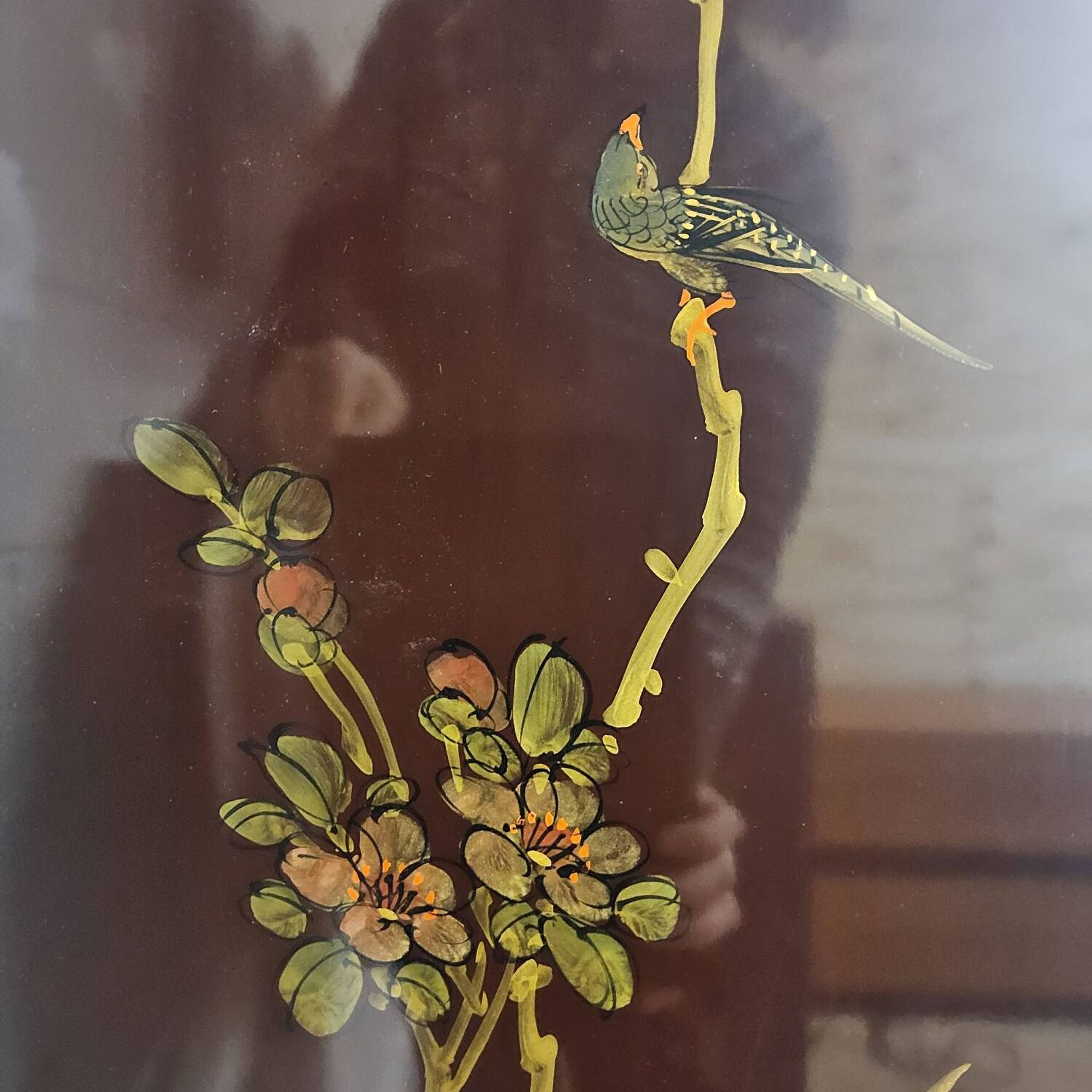 Vintage red / gold Chinese lacquer cabinet with flowers and birds