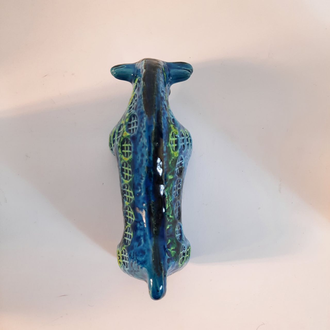 Vintage bull statue, Aldo Londi for Bitossi, Rimini blue series