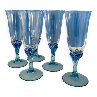 Set of 5 luminarc champagne flute glasses blue glassware