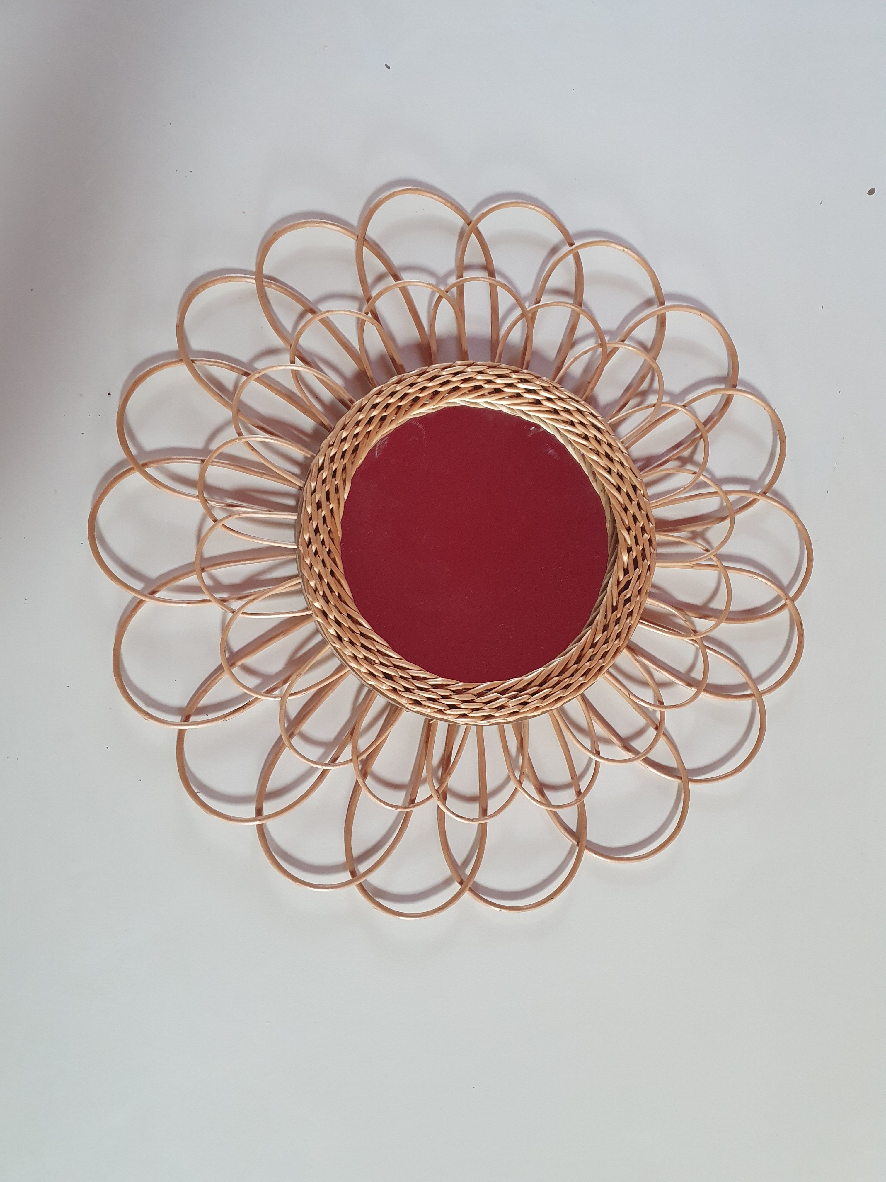 Vintage wicker sunrattan mirror diam 56 cm