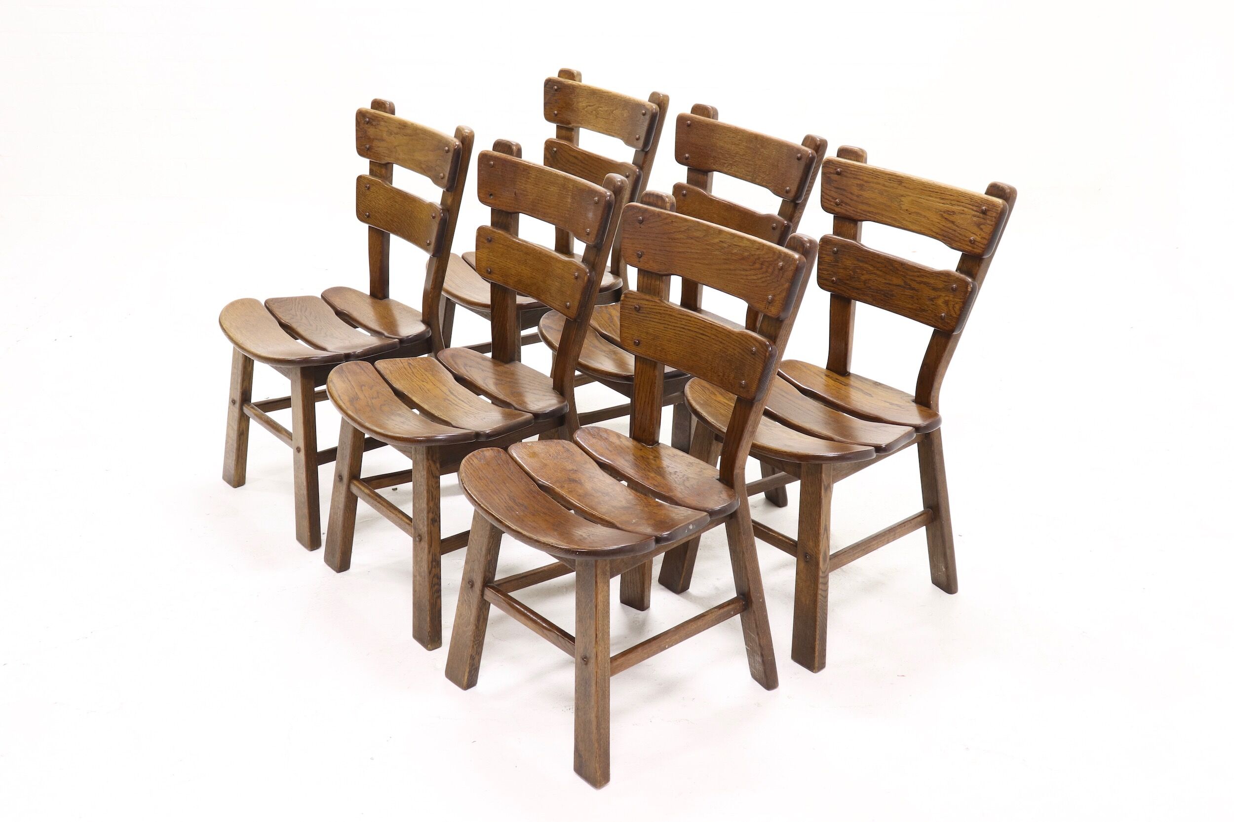 Set of 6 brutalist oak spanish dining chairs 1950