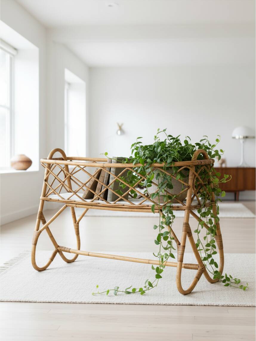 Vintage standing planter in rattan and bamboo – Riviera style, 1970s