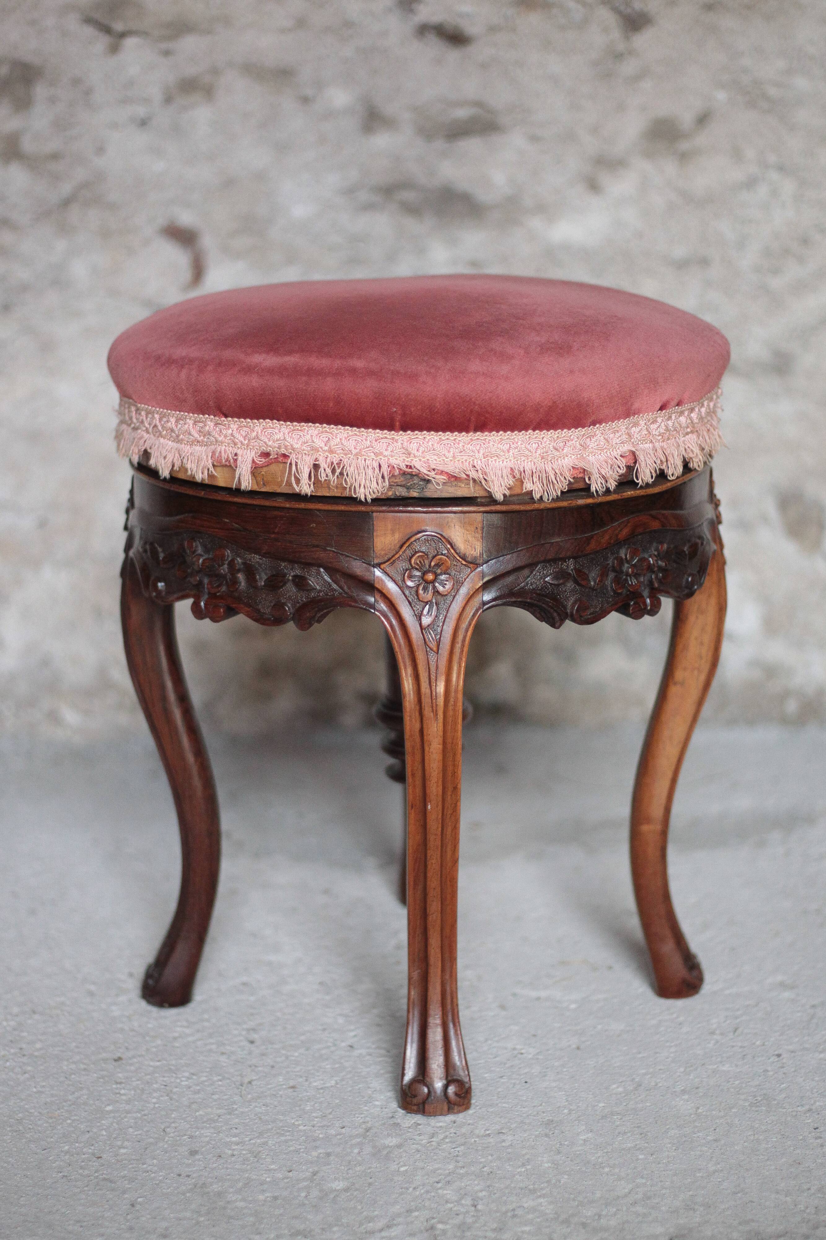 Victorian style stool, wooden and pink velvet stool, piano stool