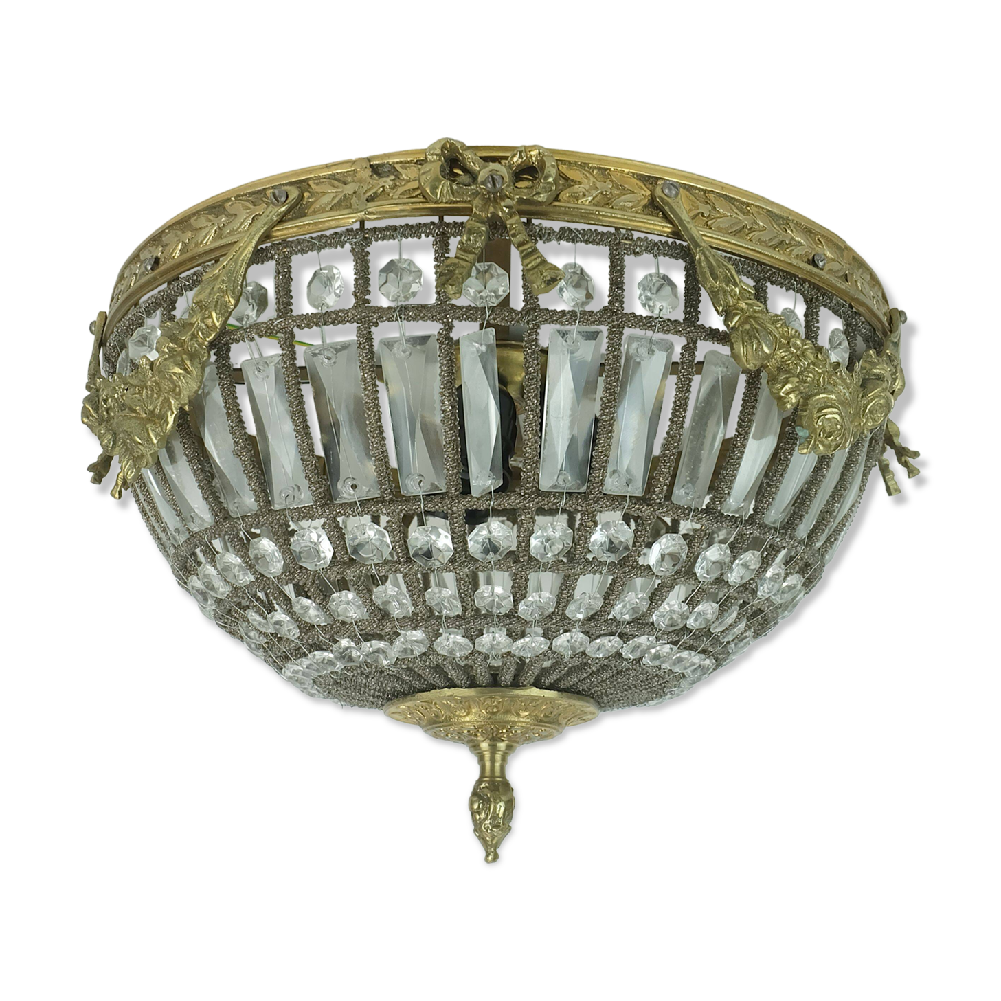 large 1960s CEILING LAMP glass crystal bronze hollywood regency style 1960s