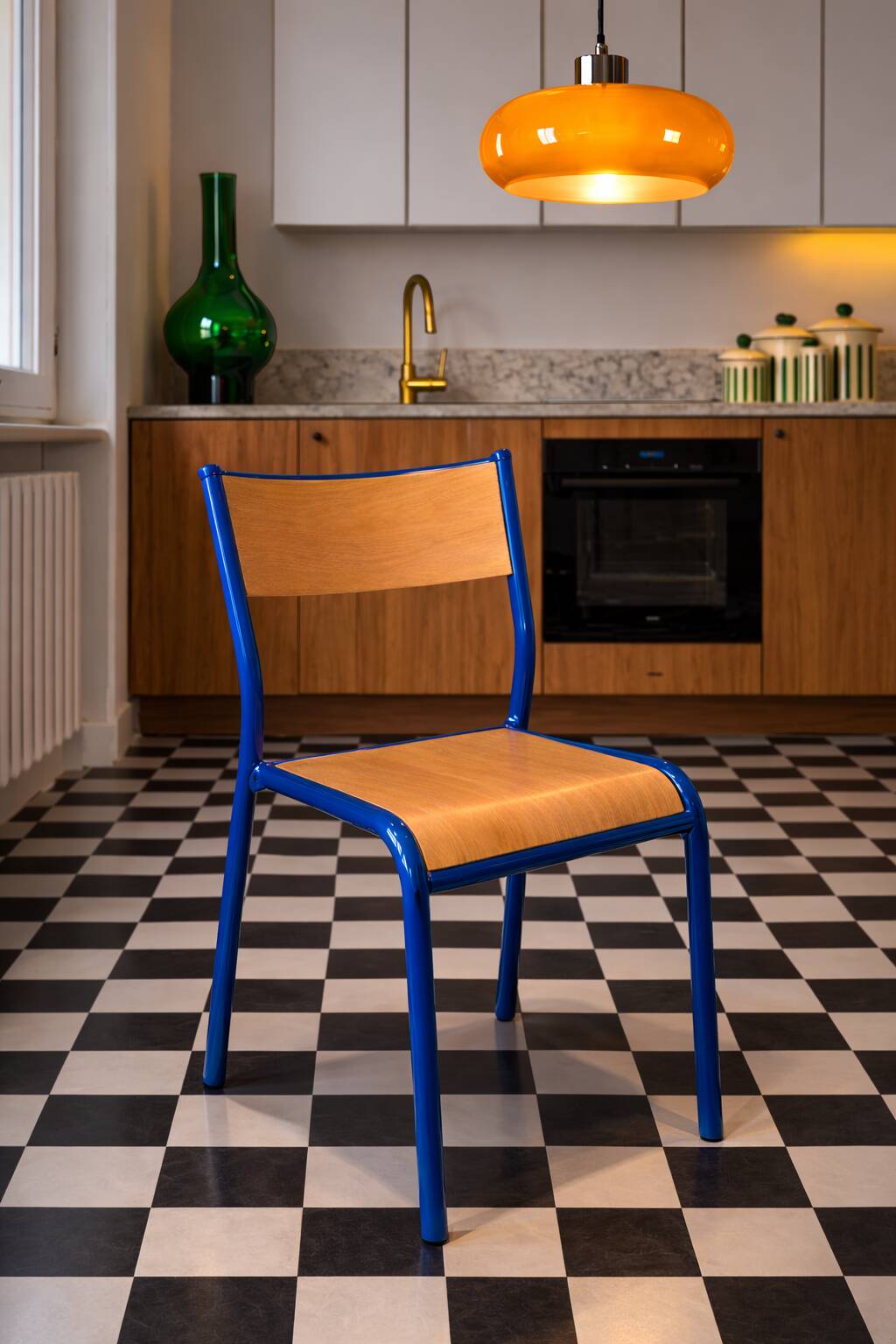 Vintage school chair trio – Coloured metal structure in yellow & blue