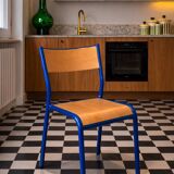 Vintage school chair trio – Coloured metal structure in yellow & blue
