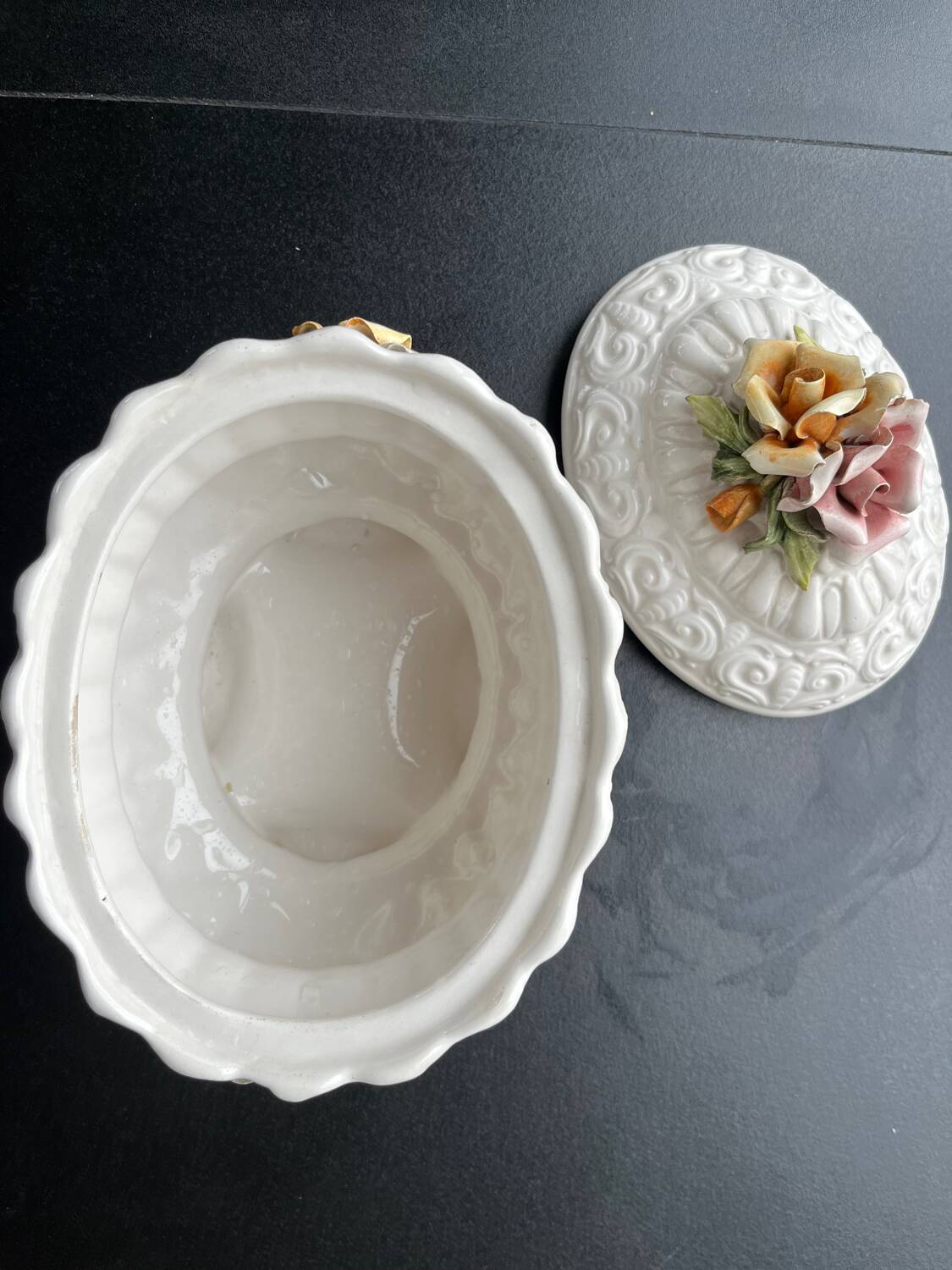 Capodimonte-style porcelain lidded sugar bowl with floral relief