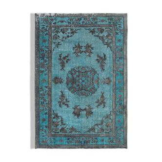 Tapis bleu oriental contemporain des années 1980 noué à la main 200 cm x 291 cm