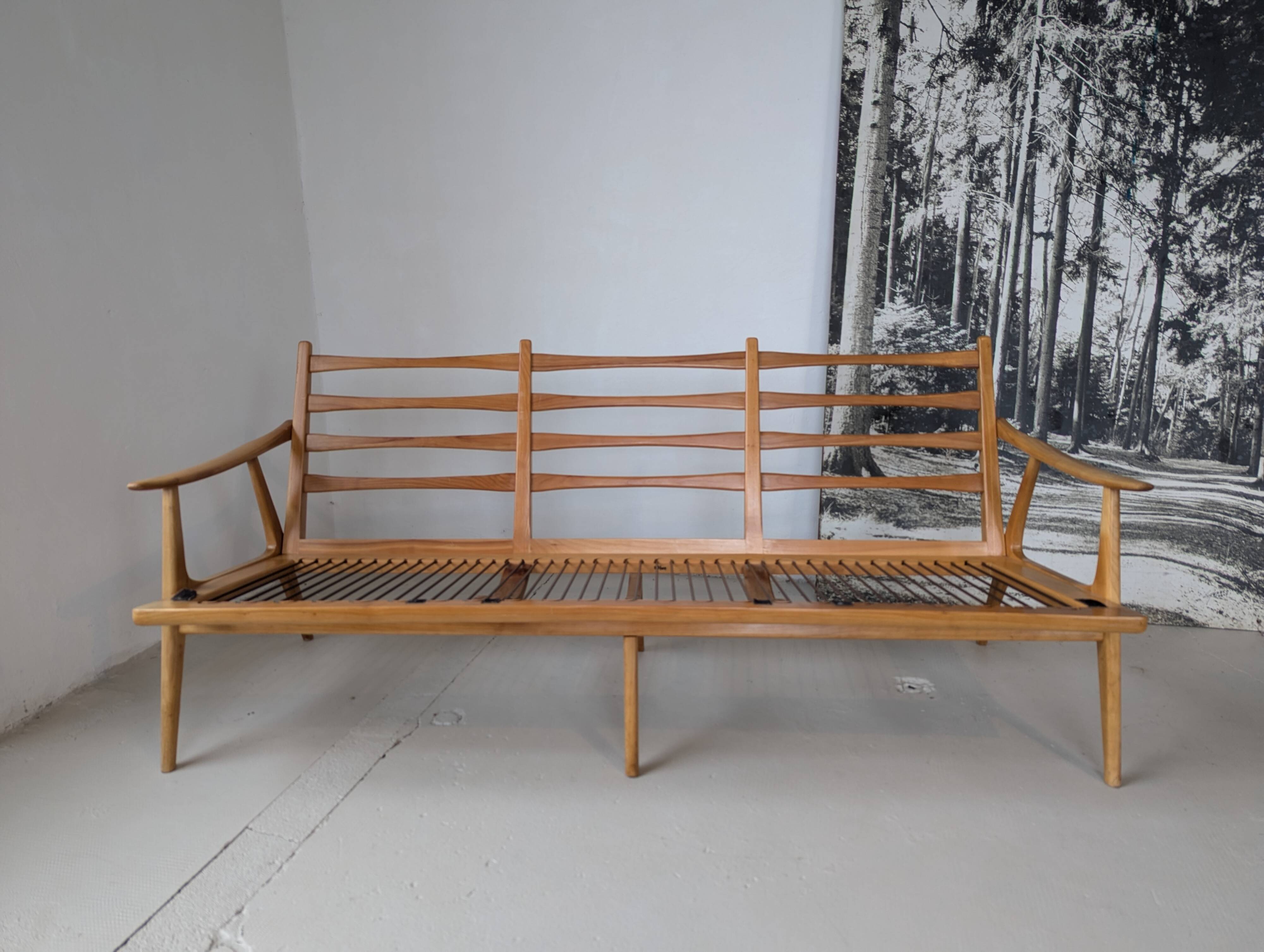Banquette velours et bois clair, scandinave vers 1960/70