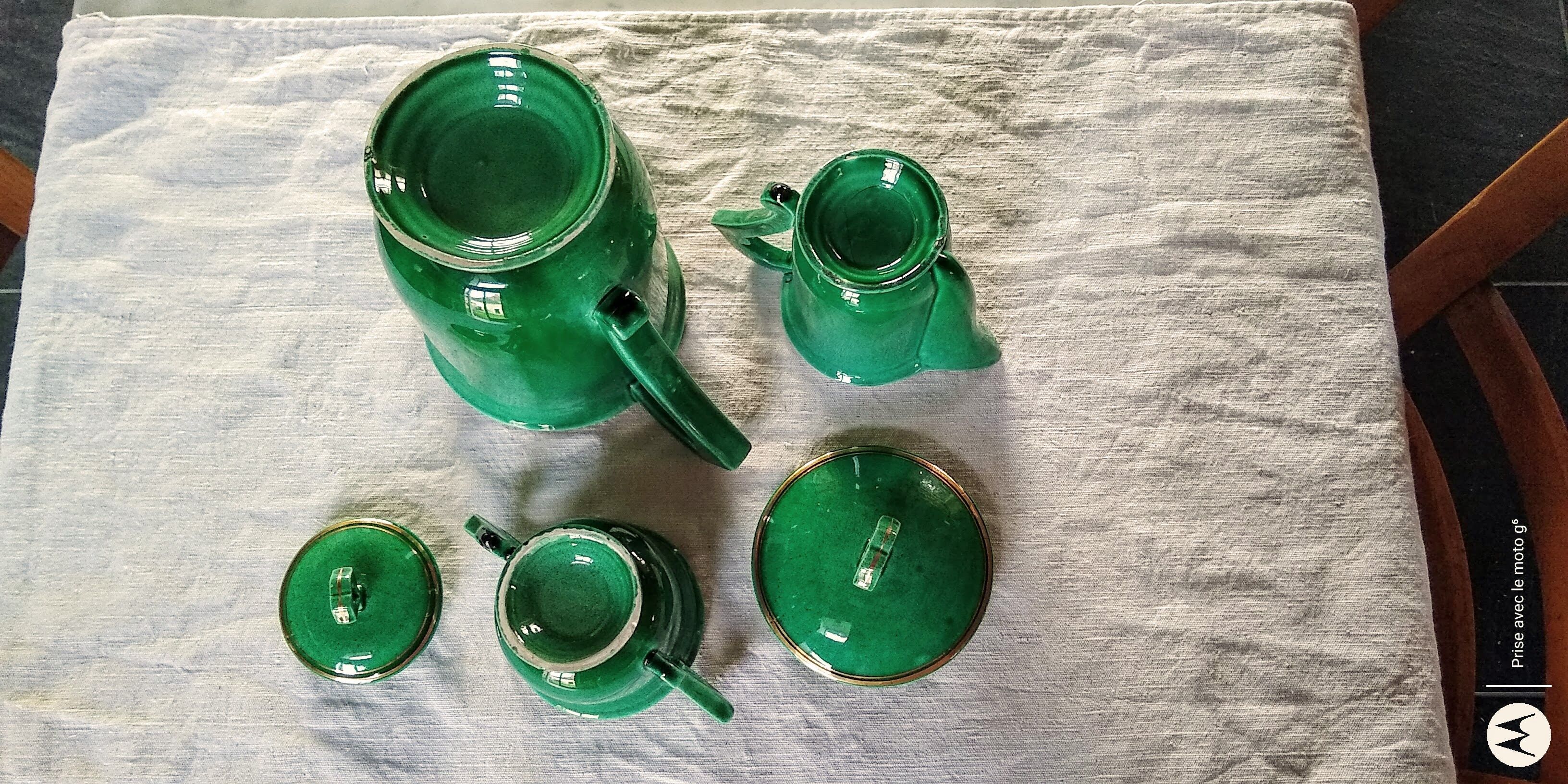 Coffee / tea maker, milk jug and Art Deco sugar bowl in green color