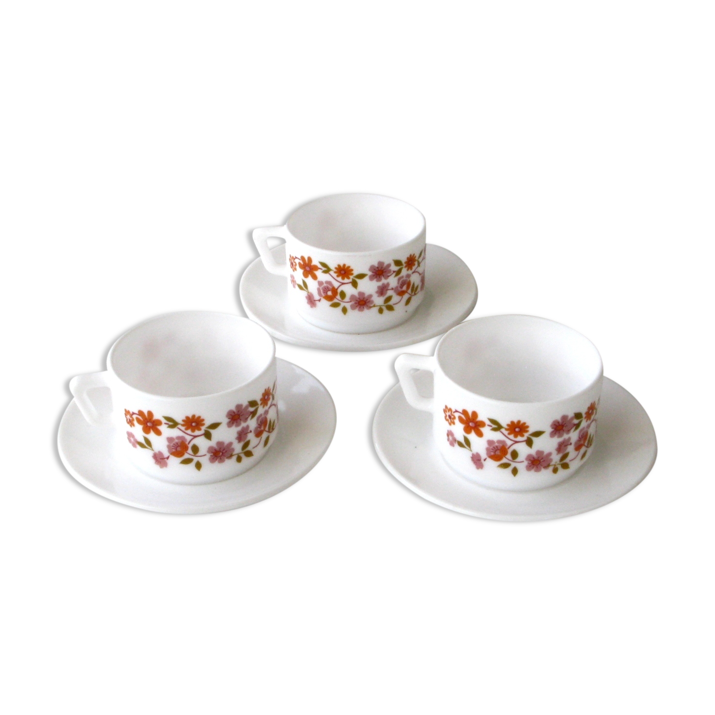 3 coffee cups and under cups arcopal - vintage orange flower model