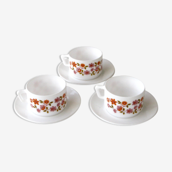 3 coffee cups and under cups arcopal - vintage orange flower model