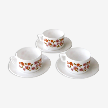 3 tasses à café et sous tasses arcopal - modèle fleurs orange vintage