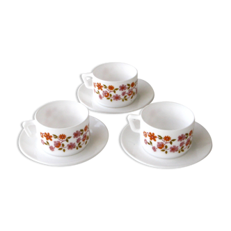 3 coffee cups and under cups arcopal - vintage orange flower model