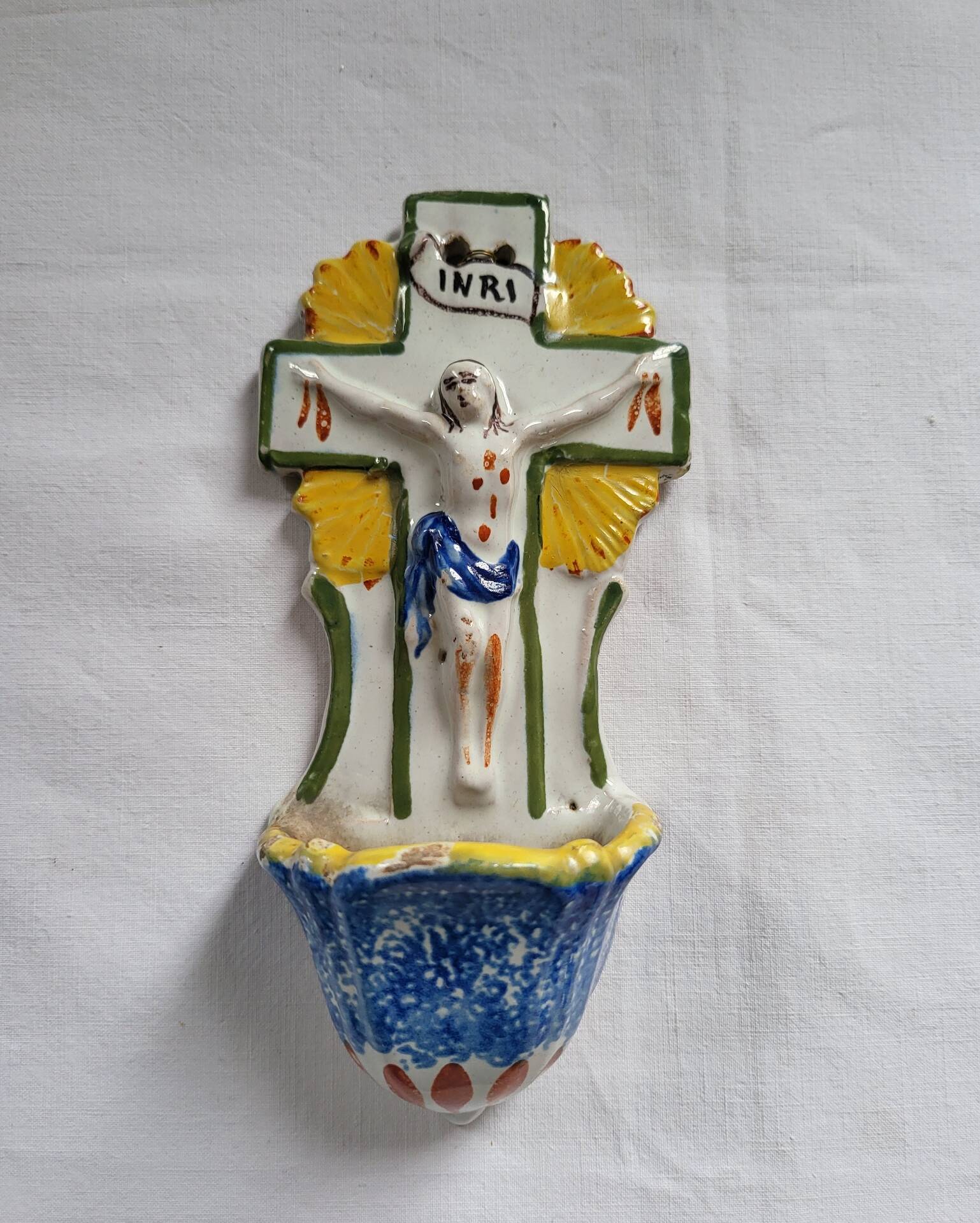 Ancient Faience Baptismal Font from the East Christ Cross INRI Nevers