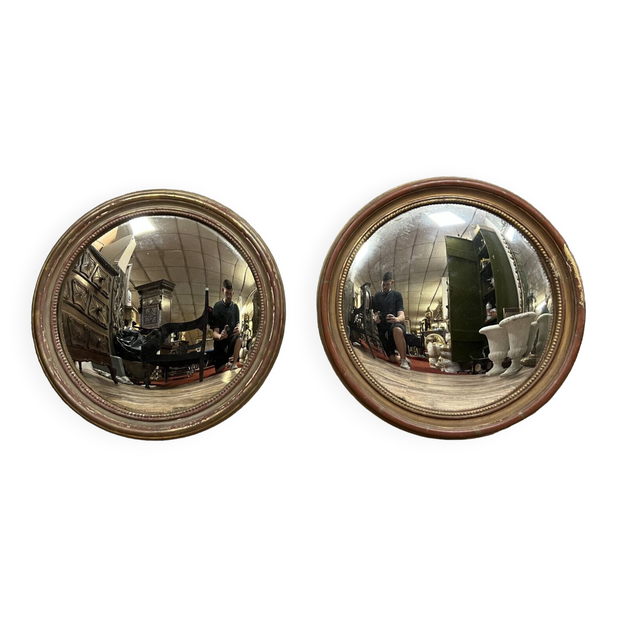 Pair of mirrors called "witch's eye" with patinated golden frame style Napoleon III