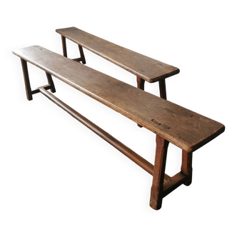 Paire de bancs anciens en chêne
