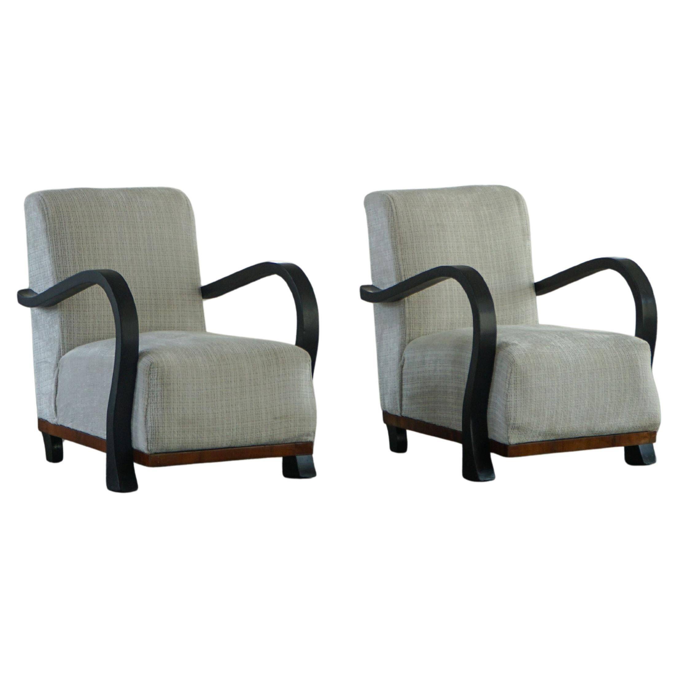 A pair of Swedish Art Deco lounge chairs with curved armrests, 1930s.