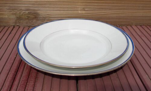 2 round dishes Limoges porcelain blue and gold border