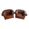 Pair of chesterfields armchairs brown leather capitonnes comfort furniture mag