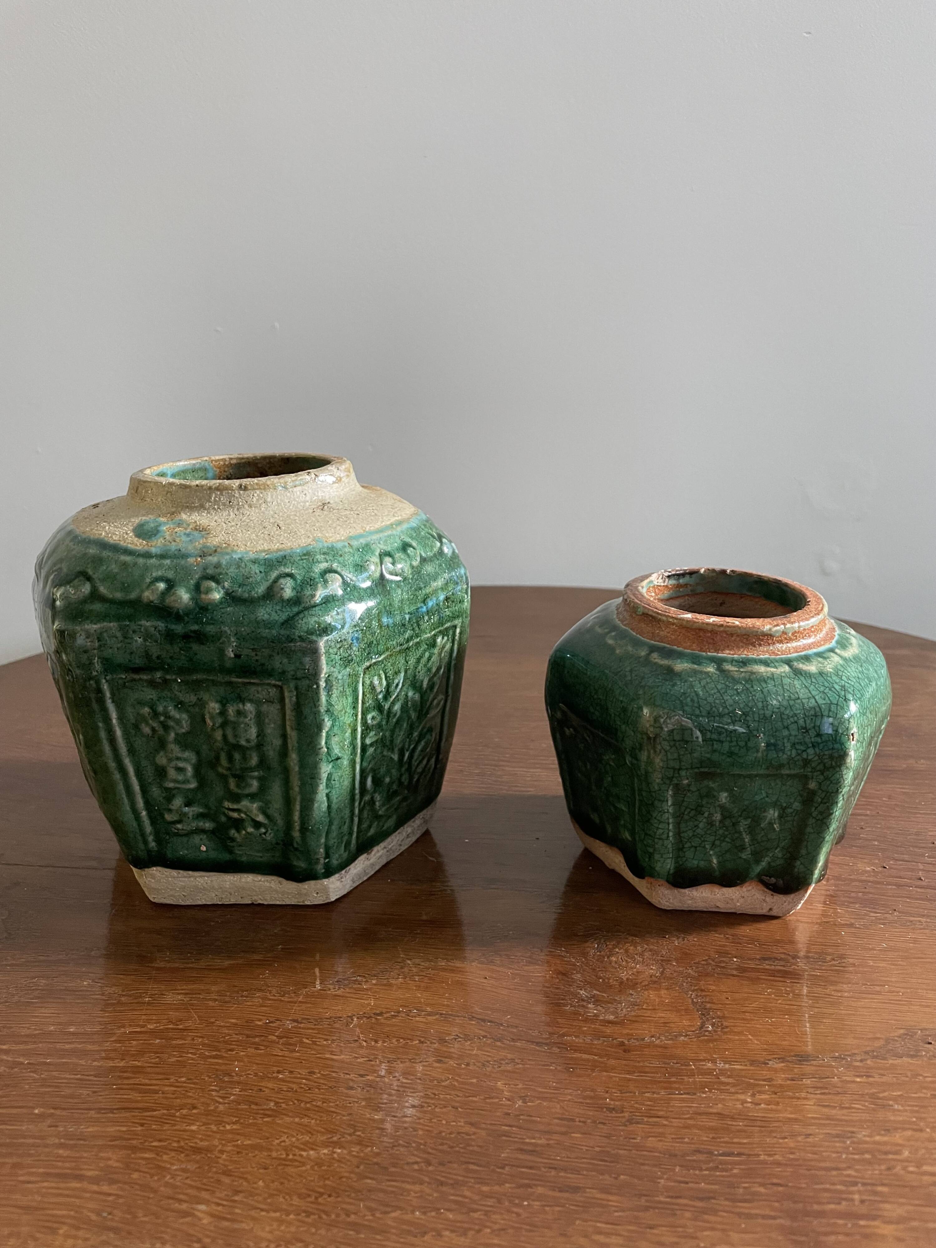 Deep green and light blue glazed hexagonal Shiwan ware ginger jar (collection of six jars, different sizes, floral designs)