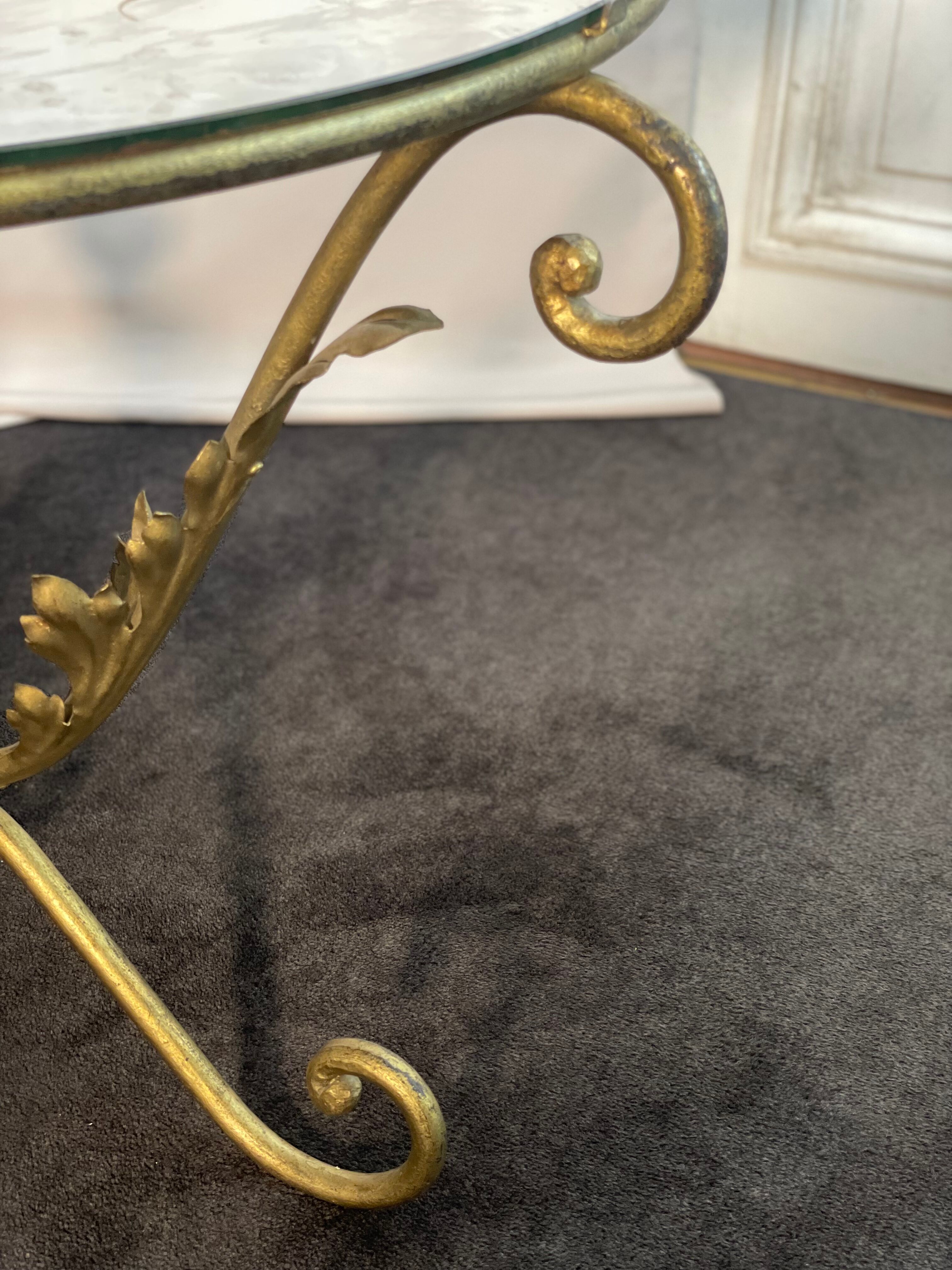 Round coffee table base in gilded wrought iron beautiful top enamelled glass 50s