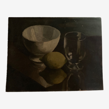 Huile sur bois nature morte au bol au verre et au citron clair obscur 1960