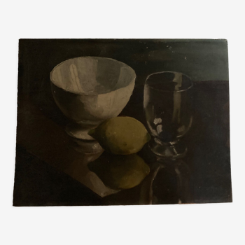 Oil on wood still life with glass bowl and lemon chiaroscuro 1960