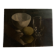 Huile sur bois nature morte au bol au verre et au citron clair obscur 1960