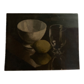 Huile sur bois nature morte au bol au verre et au citron clair obscur 1960