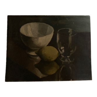Huile sur bois nature morte au bol au verre et au citron clair obscur 1960