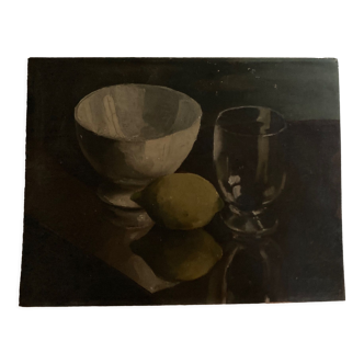 Oil on wood still life with glass bowl and lemon chiaroscuro 1960