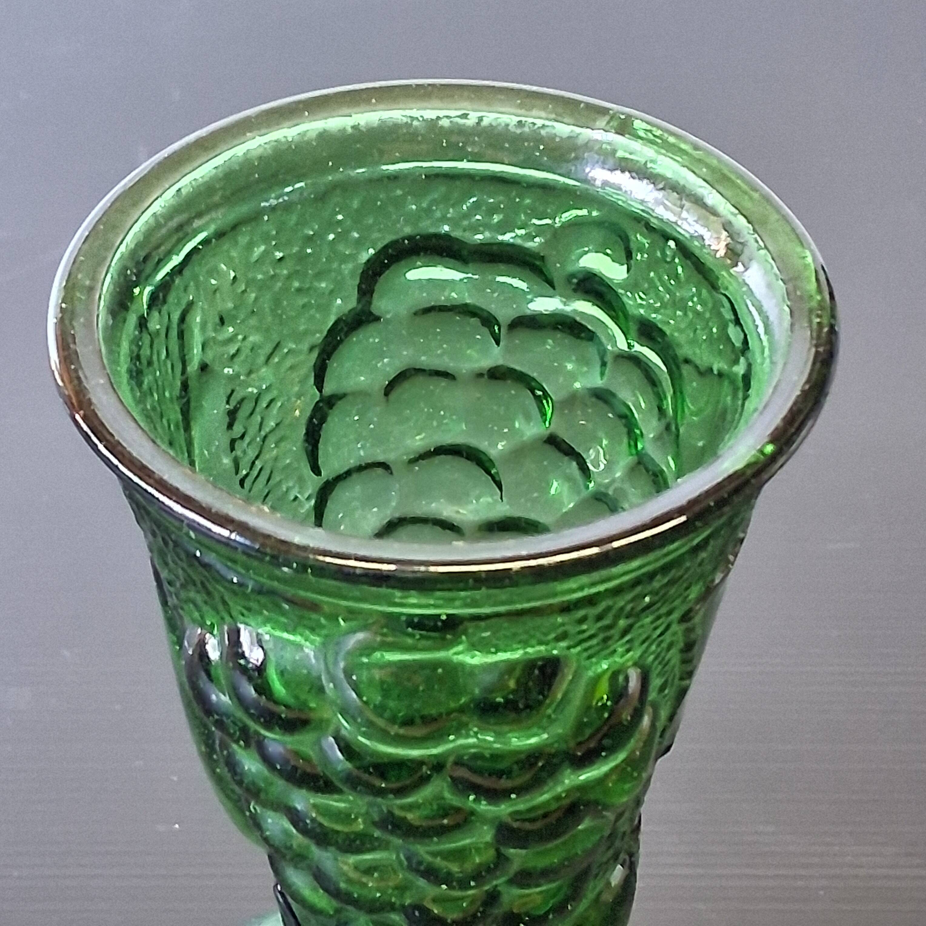 Vintage green glass vase with a fruit design in very good condition.