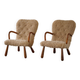 Pair of clam chairs in lambswool, Skive Møbelfabrik, Denmark, 1950s