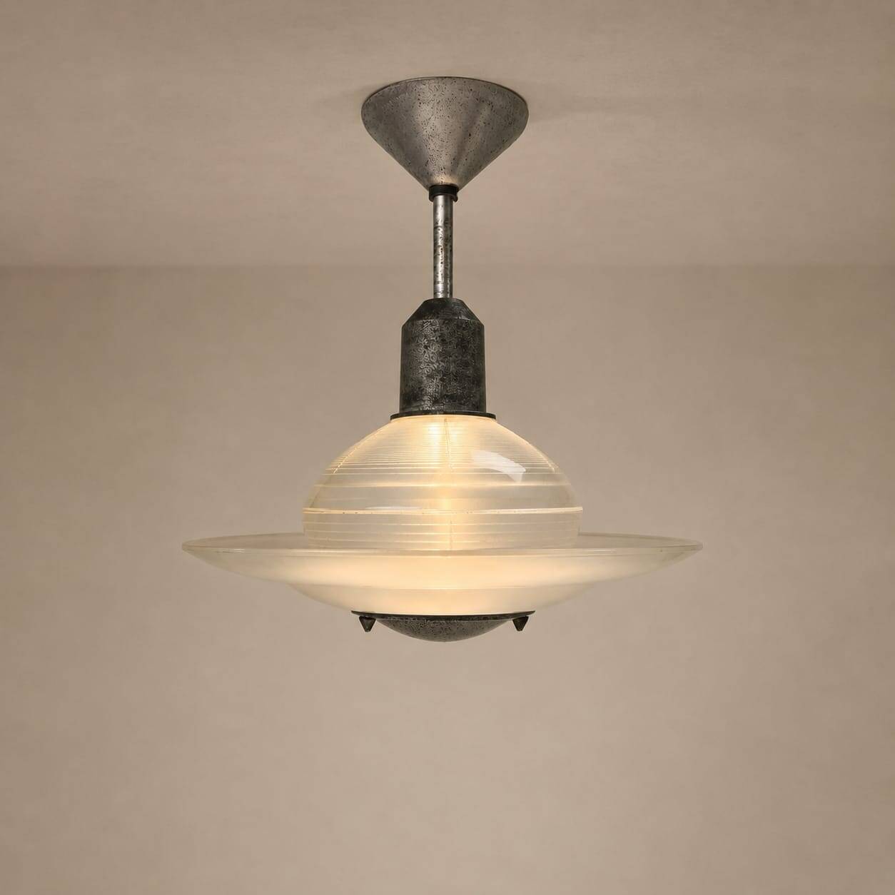 Art deco glass and steel ceiling lamp, 1920s