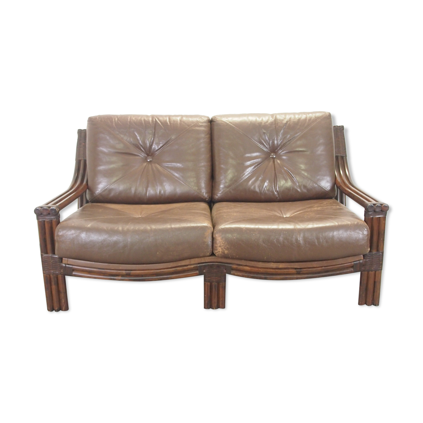 Canapé boho 2 places vintage du milieu du siècle avec coussins en cuir