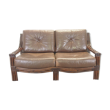 Mid century vintage boho 2-seater sofa with leather cushions