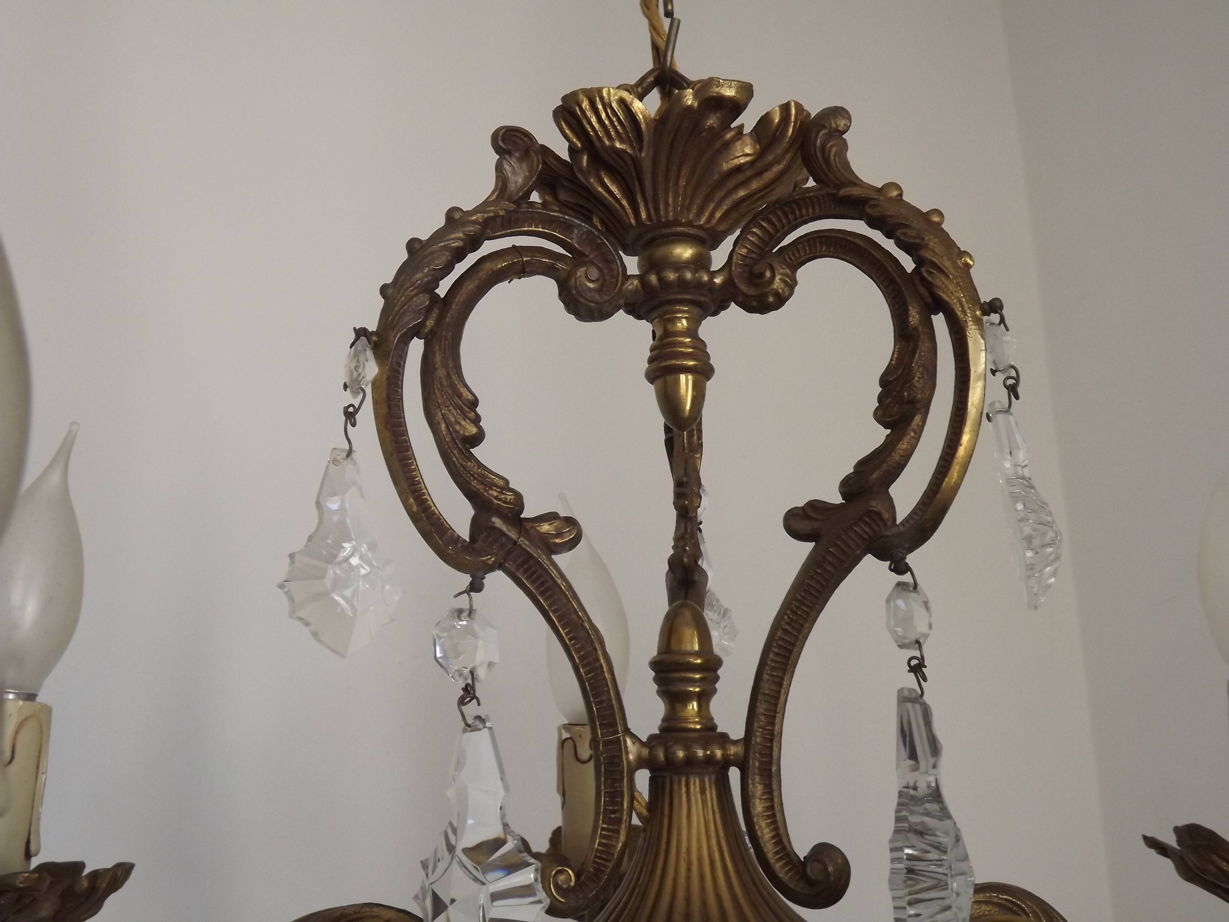French Art Nouveau 5-Light Bronze 3 sided Crystal Cage Chandelier