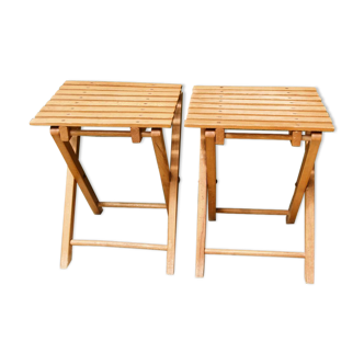 Pair of folding slatted wood stools
