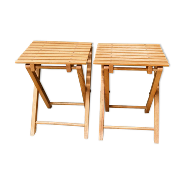Pair of folding slatted wood stools