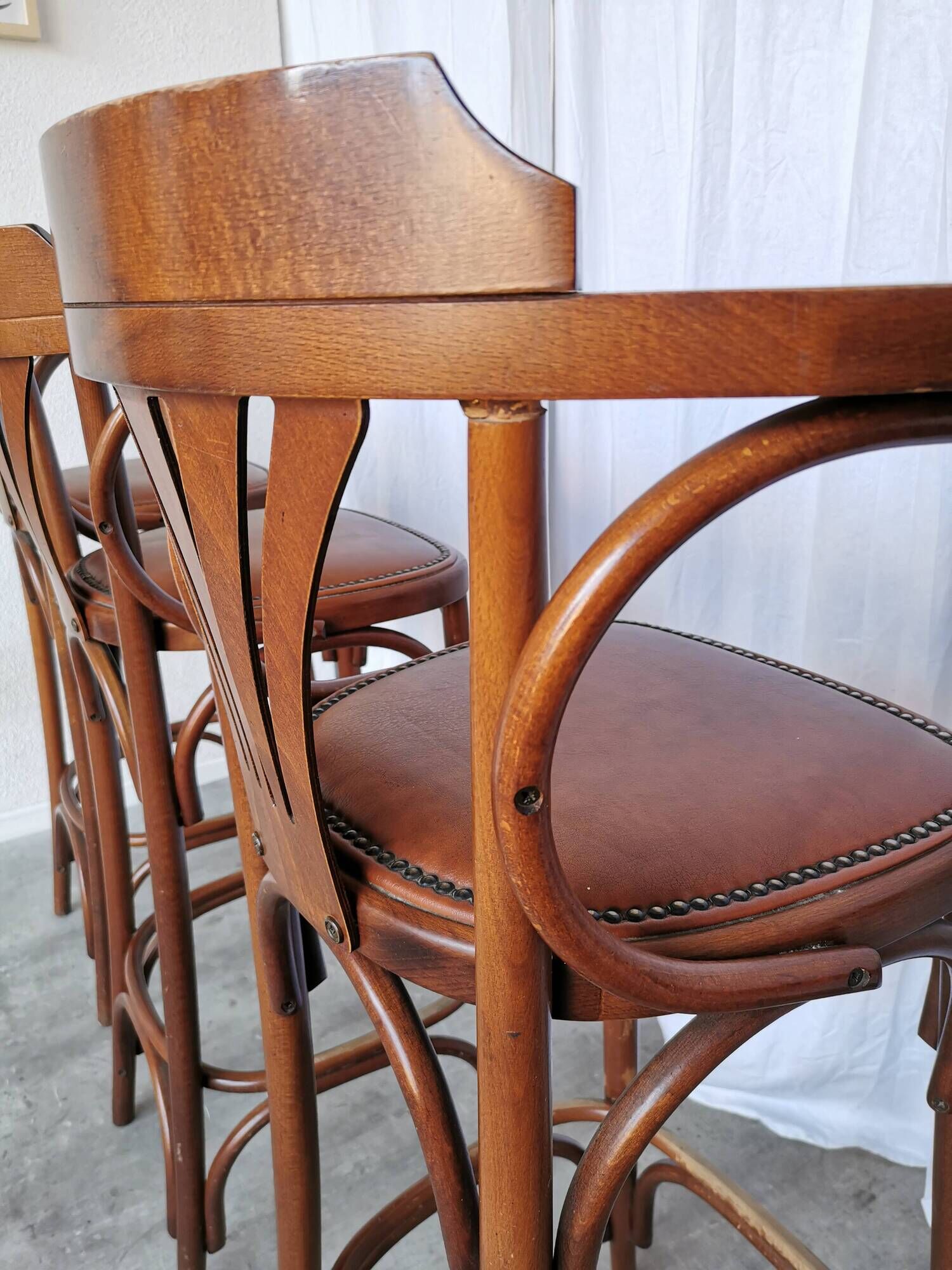 Set of 4 Vintage Bentwood Bar Stools, Brown Leather Seat, Nailhead Trim